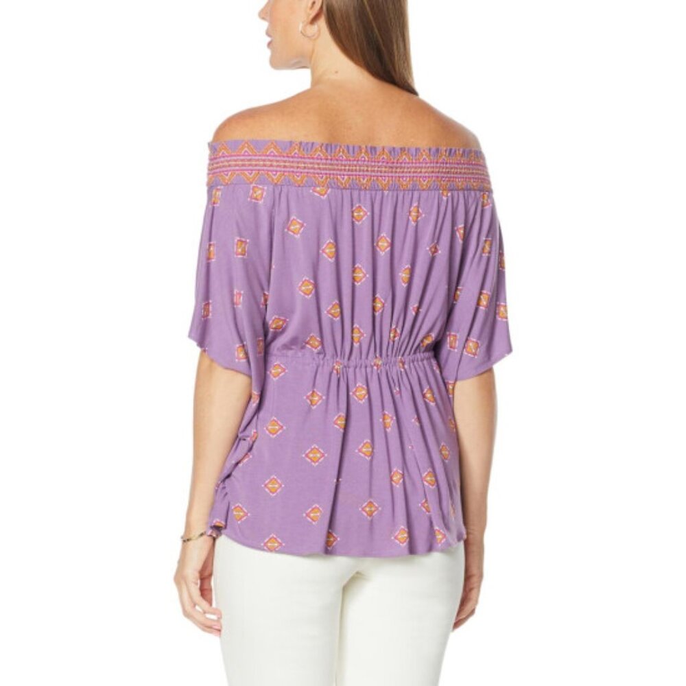 Colleen Lopez Off-The-Shoulder Smocked Neck Peplum Boho Top, Oversize L, NWOT - Picture 2 of 11